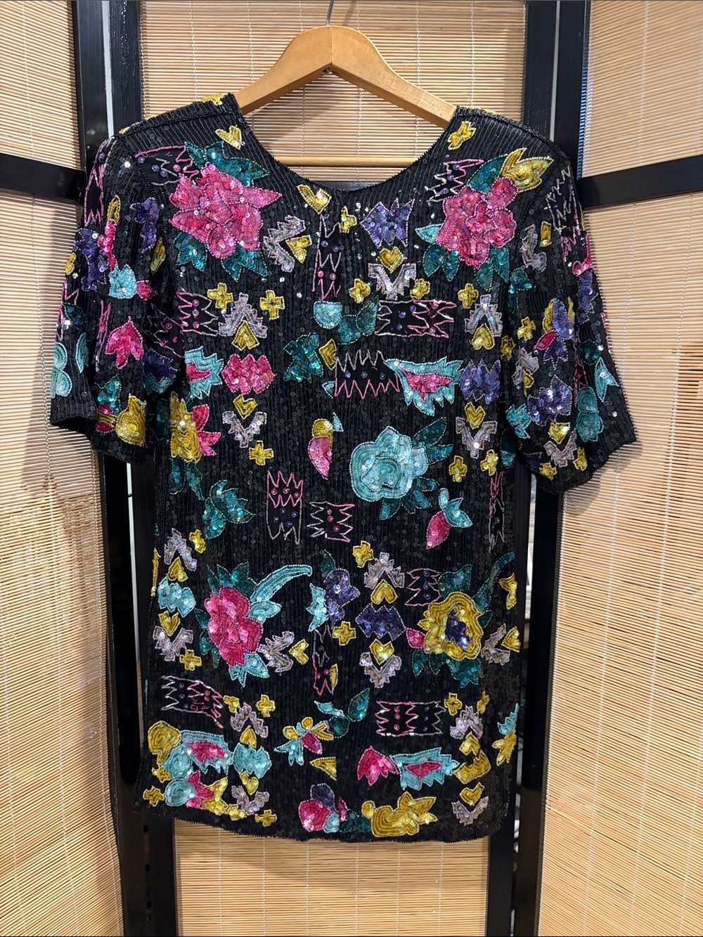 Vintage Black Sequin Floral Short-Sleeve Women's dress